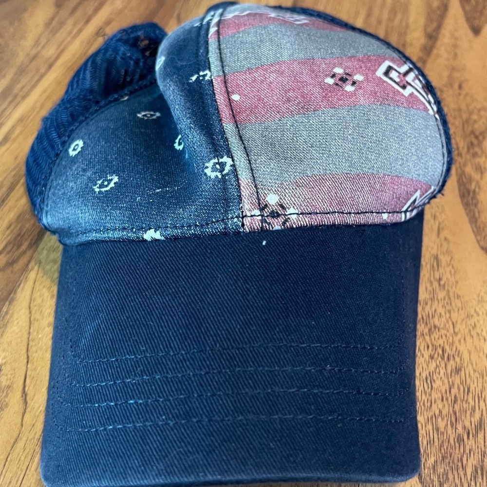 American Eagle Trucker Hat Mens OSFA Patchwork Bandana Corduroy Navy Snapback